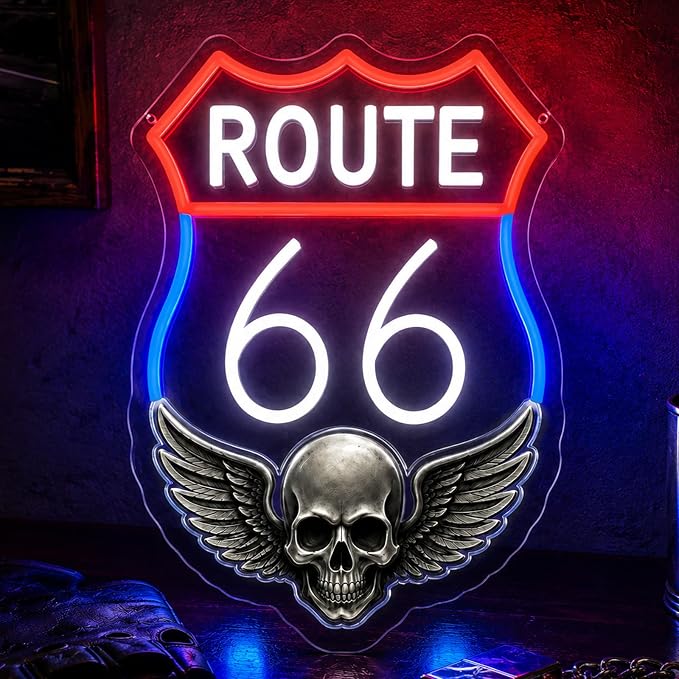 Route 66 Neon Sign Vintage LED Wall Decor Skull Wings Garage Man Cave Light