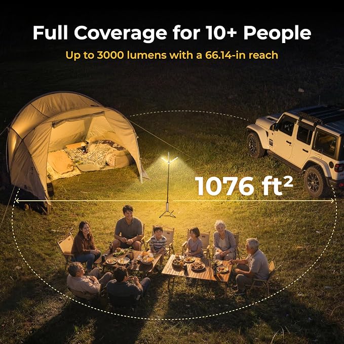 BougeRV Telescopic Camping Light T1, 15600mAh Rechargeable Lantern, Silver | 5.5 ft Adjustable Height, 1000x3 Lumens, 8-102H Runtime, 270°/180° Rotation, 3 Color Modes, Honeycomb Cutout Design, Outdoor
