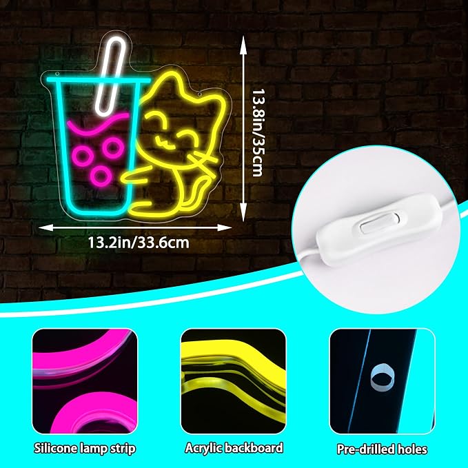 Cat Boba Tea Neon Sign for Wall Decor Bubble Tea Neon Light Dessert Shop | Dimmable LED Neon,Birthday Milk Shake Gifts,Led 5V USB Powered,Man Cave,Summer Party Decor,Business Bar,Pub Art,14.5*10in