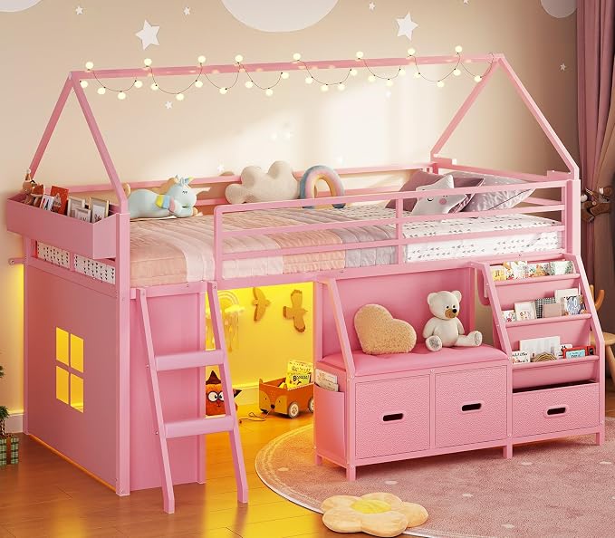 ADORNEVE Low Loft Bed Twin Size with Bookshelf, Reading Nook & 3 Drawers | Kids Loft Bed, LED, Storage Drawers, Beside Box, Under-Bed Play Space,Safety Guardrail, Inclined Ladde, Play Curtain, Pink