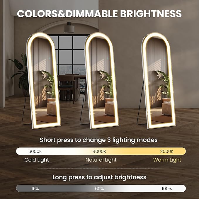 63"x20" Arched Full Length Mirror with LED Lights, Body Floor Mirror with Dimming & 3 Color Lighting, Mirror Full Length for Home Wall Decor, Tall Arch Aluminum Frame for Bedroom Cloakroom
