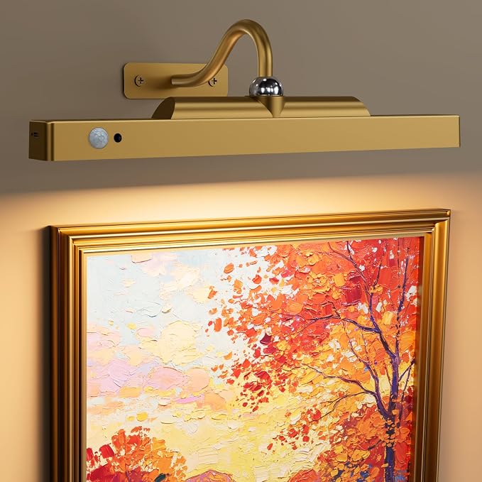 Rechargeable Motion Sensor Picture Light for Wall, 12 Inch, Brass, 1 Pack | Cordless, Magnetic Detachable Bar, Remote Control, 3CCT Dimmable, 4400mAh, for Artworks Paintings