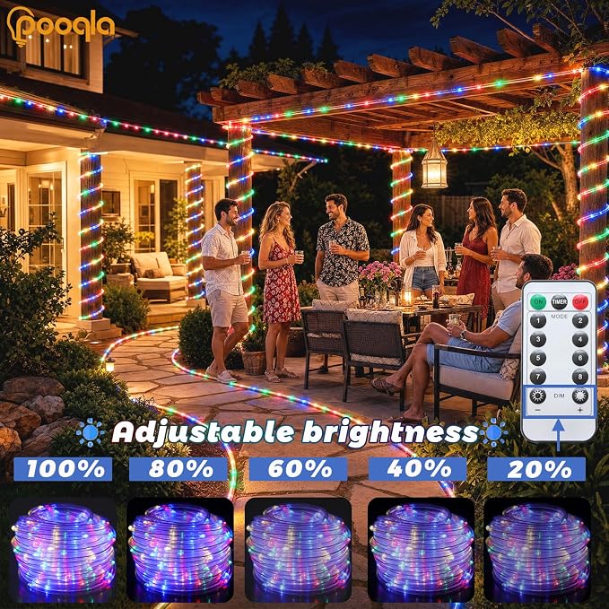 Rope Lights Outdoor, 2 x 100LED Colorful Battery String Lights | Rope Lights Outdoor with 8 Modes Remote&Timer, Waterproof Battery Operated Camping Lights for Car Trampoline