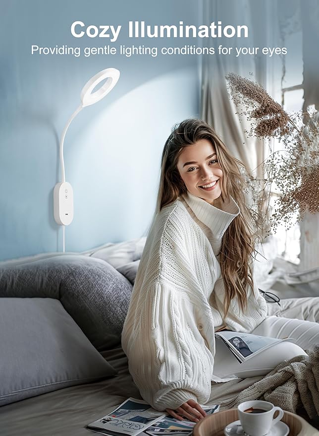 Wall Mounted Reading Light,Bed Headboard Lamp with 10W USB Output Fast, Wall Reading Lamps with 4 Color Modes & 5 Dimmable, Memory Function, 4-Hour Auto Off Ring Light White