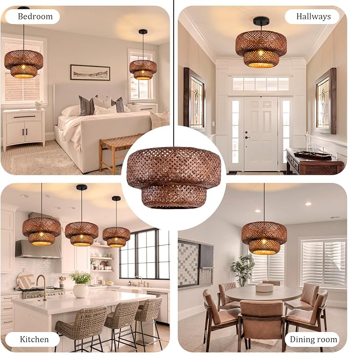 TeruTeru Ji Kaikang Bamboo Pendant Light,13.8" Brown Rattan Hanging Light | Boho Curry Bamboo Rattan Pendant Lights,Hand Woven Rattan Chandelier for Kitchen Island Dining Bedroom Living Room