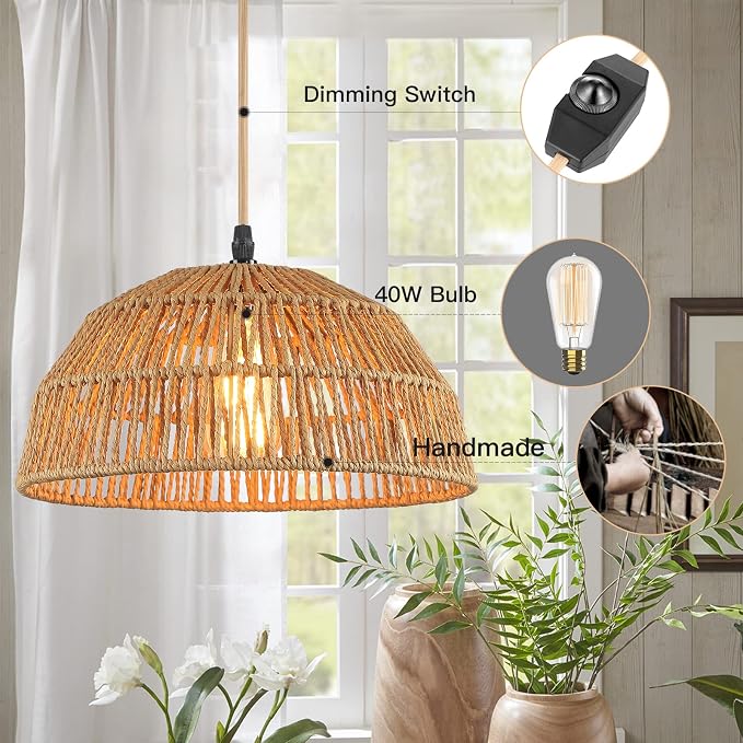 Plug in Pendant Light, Hanging Lights with 15ft Golden Cotton Cord & Stepless Dimming Switch, Handwoven Hemp Rope Lampshade, Boho Hanging Lamp for Kitchen, Hallway (Bulb & 2 Swag Hooks Included)