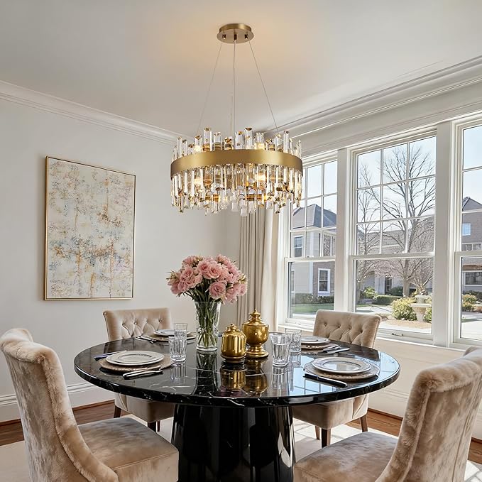 12-Light Modern Crystal Chandelier, 19.7'' Gold Chandelier Light Fixture, Brushed Gold 2-Tiers Raindrop K9 Crystal Ceiling Light Adjustable Round Chandeliers for Dining Room Bedroom Bathroom Entryway