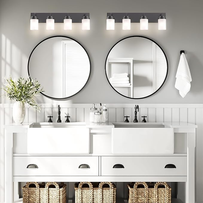 Bathroom Vanity Light, 4 Light Matte Black Vanity Light with White Matte Glass Shade, 30in Farmhouse Wall Light, Lighting Fixtures Over Mirror for Bathroom