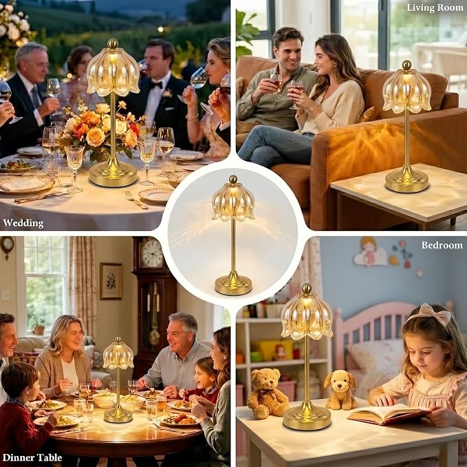 Set of 2 Vintage Cordless Amber Glass Tulip Table Lamps, Accent Light