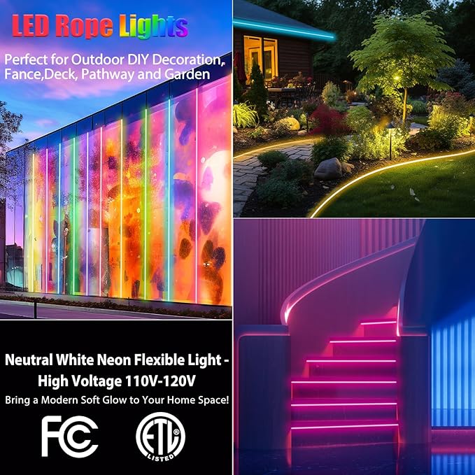 32.8ft RGB Neon Rope Light with Remote - Dimmable Waterproof LED Strip Lights for Indoor & Outdoor, Premium Expandable Lighting to Create Vibrant Atmosphere in Bedroom, KTV, Bar Decor - ETL Certified