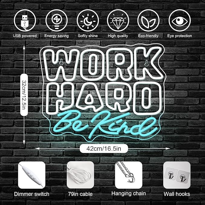 Work Hard Be Kind Neon Sign, Dimmable Neon Signs for Wall Decor, White Blue Neon Light Work Hard USB Led Sign for Office Study Room Classroom Bedroom Meeting Room Decoration