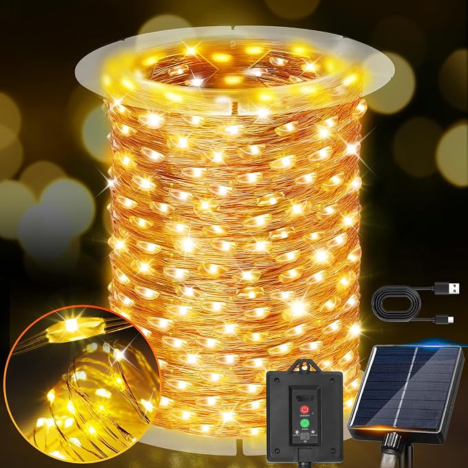 KNONEW 203FT 600 LED Solar String Lights Outdoor, Extra Long Solar Fairy Lights with 8 Modes, IP44 Waterproof Copper Wire Lights for Garden Patio Yard Christmas Decor, Warm White
