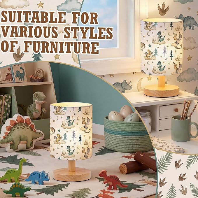 Cute Dragon Kids Table Lamp for Bedroom Kids Bedside Lamp with Linen Wooden Nightstand Cartoon Nursery Lampshade for Girls Boys Living Room