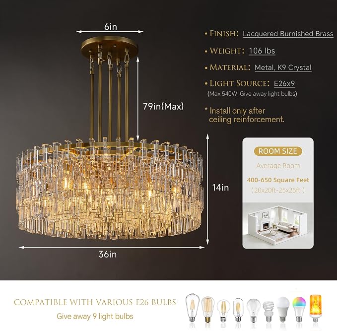 36'' W Round Single-Tier Crystal Chain Chandelier 9-Light E26 Modern Pendant Light, Burnished Brass Finish with 350+ Crystal Links, 79 Inch Adjustable Hanging Rod Ceiling Light, Gold