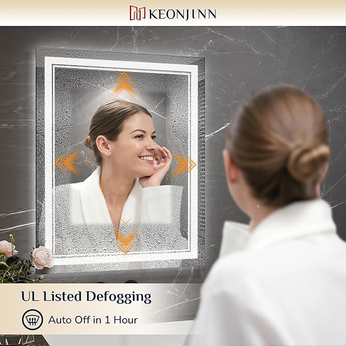 Keonjinn 28"x36" Lighted Mirrors for Bathroom Wall with Bluetooth Speaker, Frontlit & Backlit LED Bathroom Mirror, Bluetooth Mirror Bathrooms, Dimmable 3 Color Lights, Tempered Glass, Anti-Fog, CRI90+