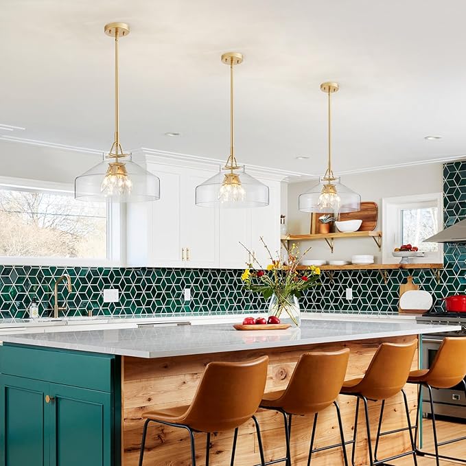 WUZUPS Chandelier Rustic Farmhouse Industrial Round Ceiling Pendant LED Light Fixture with Clear Glass Shades for Dining Room Kitchen Island Foyer Entryway, H 11.8" W 15", E26 Base, Gold