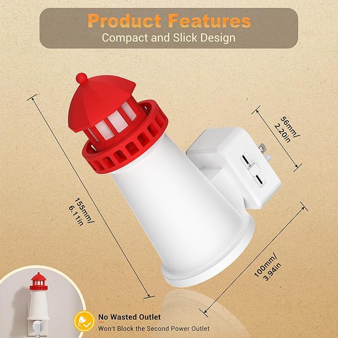 JandCase Night Lights Plug into Wall,3D Printed Beacon Night Light,3000K Plug in Nightlight with Dusk to Dawn Sensor,0-100LM Adjustable Brightness for Rooms Bathroom Hallway