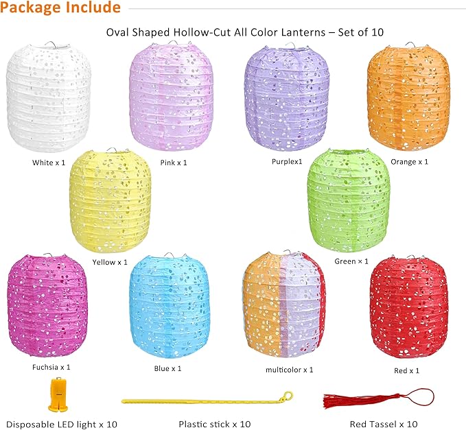 10Pack Paper Lanterns Chinese Lunar New Year Decorations 2026 Japanese Hanging Paper Lanterns with LED Lights Sticks Tassels 6.3Inch for Spring Festival Valentine's Day Wedding Asian Home Party Decor