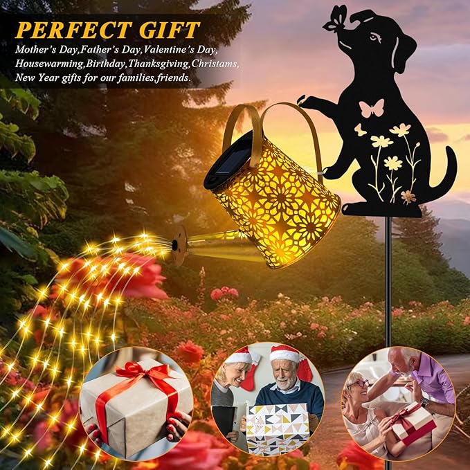 Christmas Gifts Solar Lights Outdoor Decorative, Watering Can with Cascading Lights, with Dog Silhouette Garden Stakes, Waterproof Metal Garden Decor 2 Pack