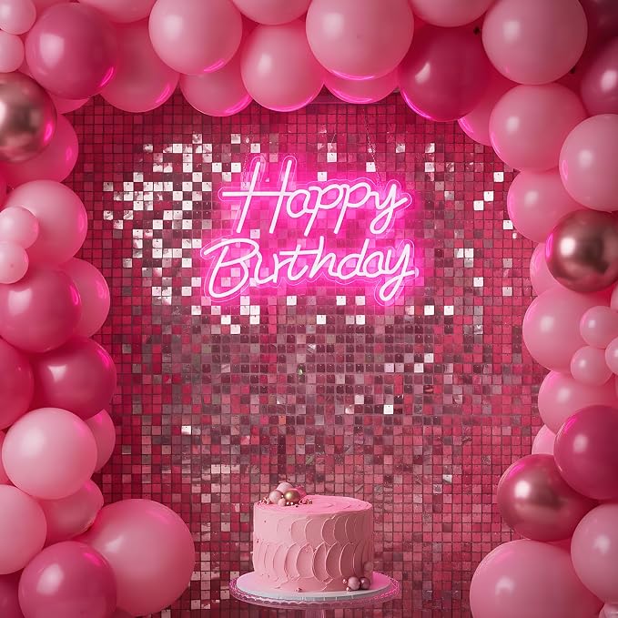 Happy Birthday Neon Sign for Backdrop, LED Happy Birthday Light Up Sign, USB Powered Dimmable Neon Light for Birthday Party Decorations, Wall Decor, Pink, 16.5 x 12 inch