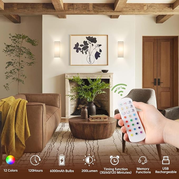 Shenmoyl 2-Pack Rectangle Wall Sconces, Battery Operated with 6000mAh Rechargeable Bulb, 12 RGB Colors & Dimmable, Stick on Wall No Drill, Timer Function, Linen Shade for Bedroom Living Room Decor