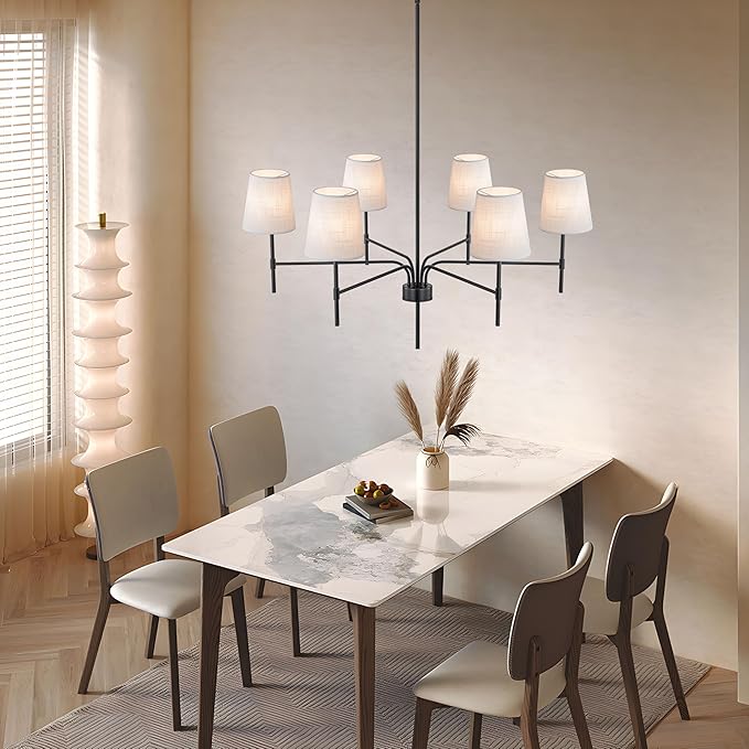 2026 New Black Chandeliers for Dining Room Light Fixture over Table, 34" 6-Light Transitional Modern Farmhouse Chandelier with White Fabric Shade, Pendant Lighting for Kitchen Island Living Room Foyer