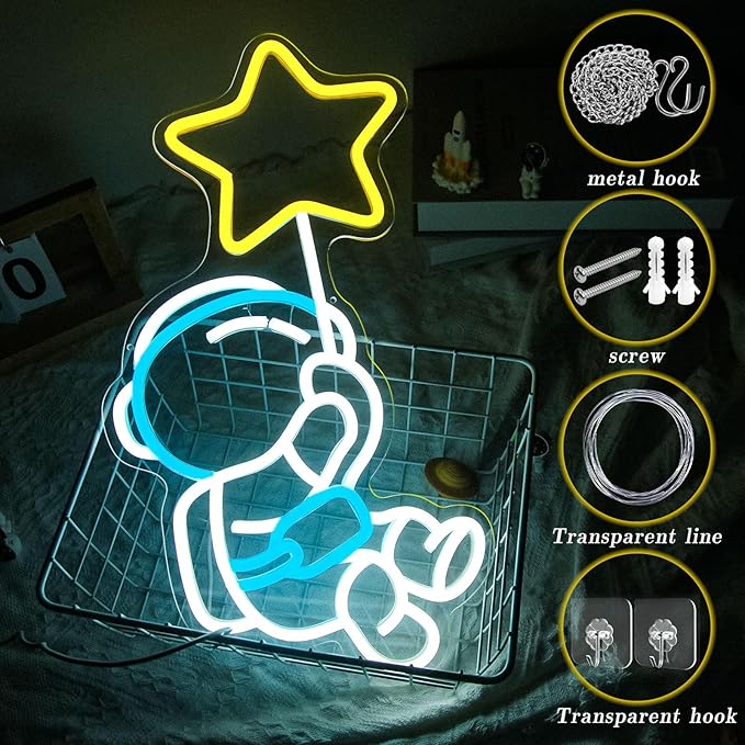 Astronaut Star Neon Sign Spaceman LED Neon Light for Wall Decor Dimmable Astronaut Holding Stars Signs Lights Space Decor for Boys Christmas Gift, Kids, Game Room, Man Cave