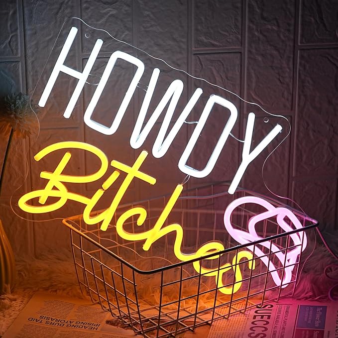 Howdy LED Neon Sign - White, Yellow, Pink Letters - USB Dimmable Light for College Dorm, Country Girls Bedroom Decor - Western Aesthetic Wall Art Gift