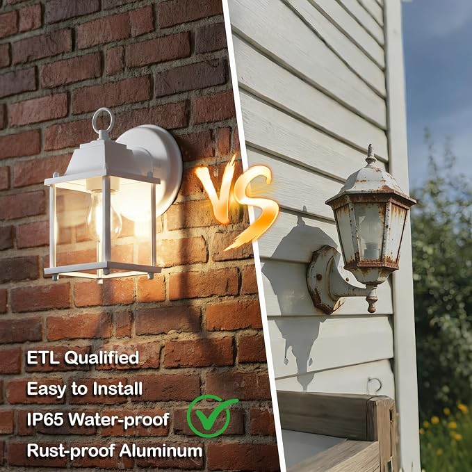 Outdoor Wall Light Fixture, Rustproof Aluminum, Clear Glass | Exterior Porch Light Wall Sconce Lantern for House, Patio, Garage, Waterproof, E26 Socket 60W Max, White, 1 Pack