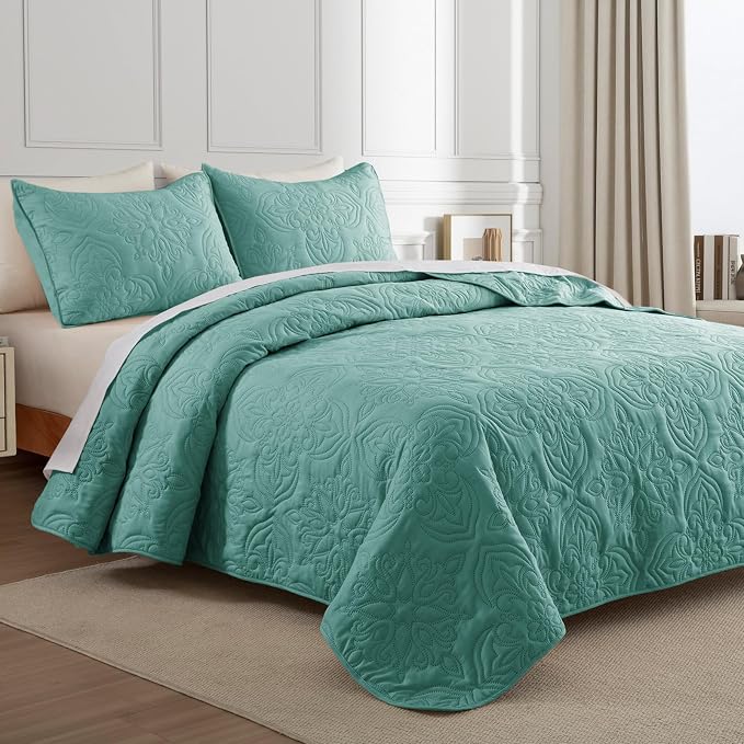 Whale Flotilla Twin Quilt Bedding Set Vintage Damask Reversible Bedspread | Suitable for Bed, 2 Pieces Turquoise Green Lightweight Breathable Quilts Twin Size, Ultrasonic Coverlet with 1 Pillow Sham