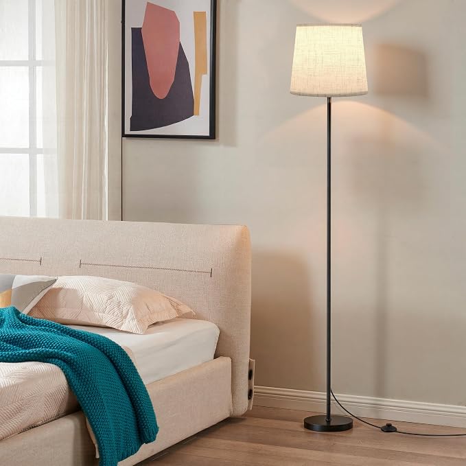 Dimmable Floor Lamp with Linen Shade for Living Room | Dimmable LED Standing Lamp with Remote & Foot Switch, Modern Floor Reading Light for Bedroom Office Corner