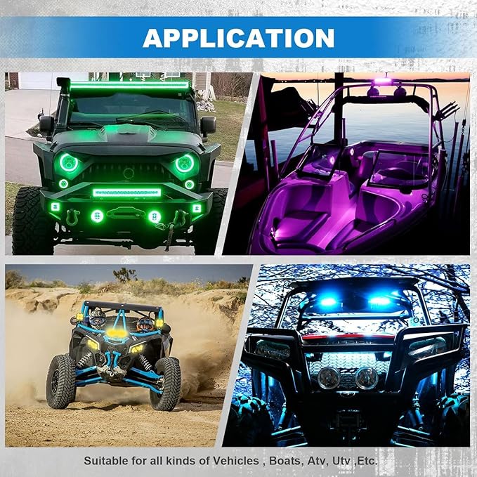 Lpteso 4 Pack 4Inch RGB LED Flood Work Light Bar Offroad LED Pods Driving Fog Lights with Multi-Color Chasing RGB Halo 16 Solid Colors Over 92 Flashing Modes for Trucks Boat 4WD SUV ATV