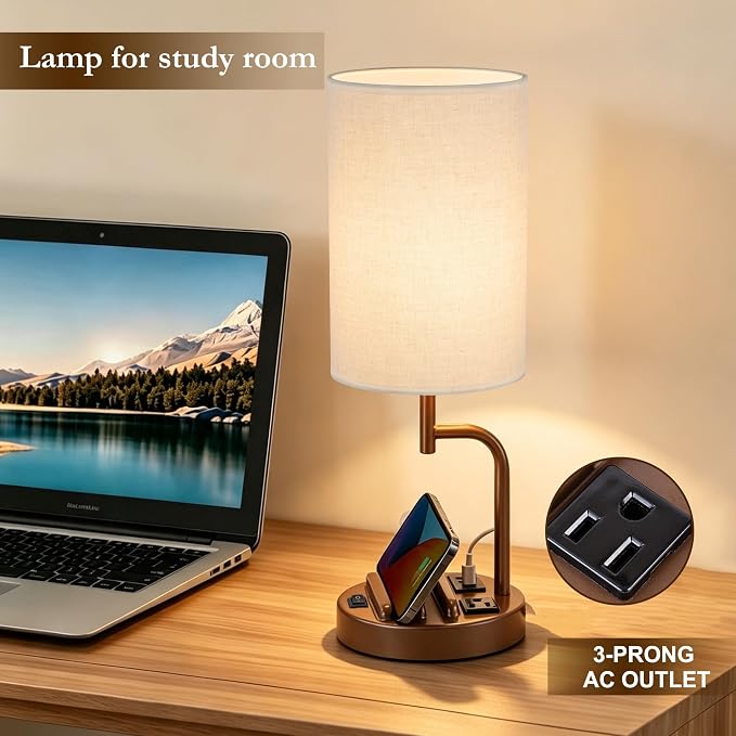 Dreamholder 2 Pack Table Lamp, Bedside Lamp with 3 USB Charging Ports & AC Outlet, USB Desk Lamp with 2 Phone Holders, Linen Fabric Shade Nightstand Lamps for Bedroom Living Room Office, Coffee Brown