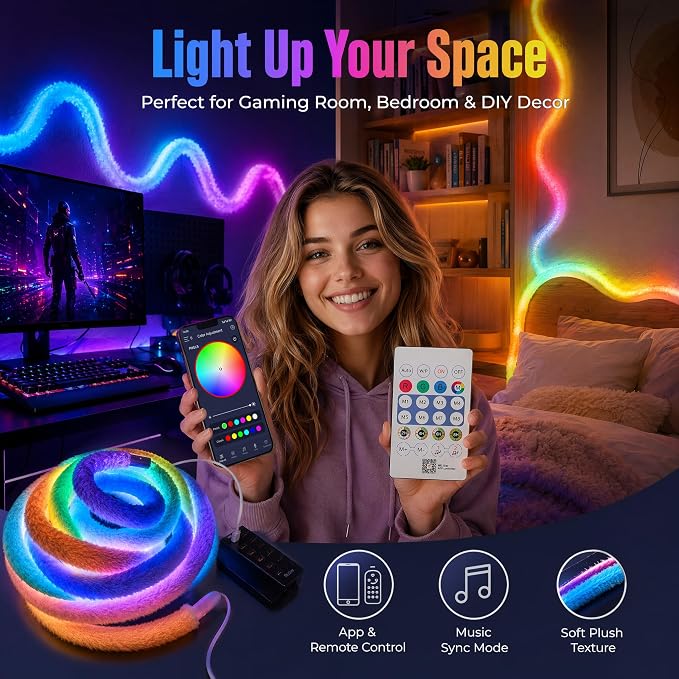 5V USB Plush LED Neon Rope Light, 16.4ft RGB+IC 360° Luminous Smart LED Strip Lights with APP/Remote Control, Music Sync Mode,Cozy Flexible Décor LED Light Strip for Dream Bedroom,Games Room