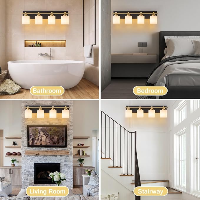Modern Bathroom Light Fixtures Over Mirror, Vanity Lights for Bathroom Wall Sconces with Milky White Glass Shades, E26 Socket (Bulbs Not Included), 4 Light, Black Gold