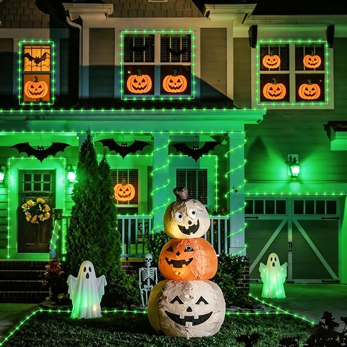YEGUO Solar Halloween Lights, 2 Packs Each 33ft 100 LED String Lights Outdoor Waterproof, 8 Modes Fairy Lights in Clear Thin Tube for Camping Fence Patio Garden Trampoline Deck(Green)