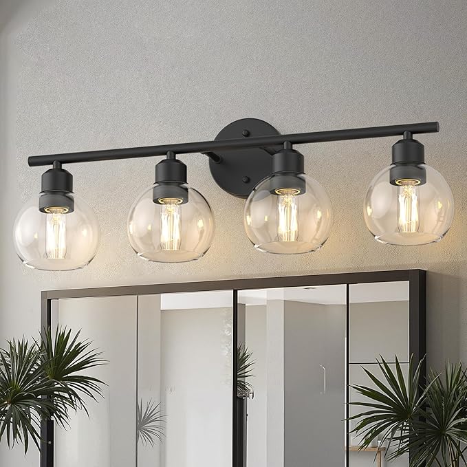 L LOHAS LED Black Bathroom Light Fixtures Over Mirror, 4-Light Vanity Light Fixtures with Clear Globe Glass Shades, Modern Vanity Lights for Bathroom Living Room Hallway Bedroom