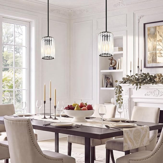 Black Pendant Light, Modern Crystal Pendant Lights Kitchen Island, Kitchen Island Lighting with Adjustable Height, UL Certified Island Lights for Kitchen Dining Room Bedroom Hallway 2 Pack