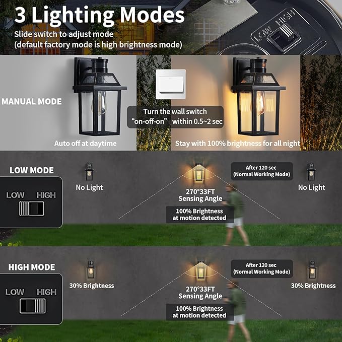 Motion Sensor Porch Light, Dusk to Dawn Outdoor Wall Light, Black, 2 Pack | 3 lighting modes waterproof exterior fixture black wall mount design for front door garage patio and house entry