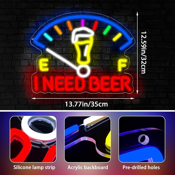 I Need Beer Neon Sign for Wall Decor Beer LED Neon Bar Light for Man Cave | Dimmable LED Neon,Drinker Birthday Beer Gifts,Led 5V USB Powered,Bar,Pub,Bistro,Party Decor,Business Wall Art,13.6*12.5in