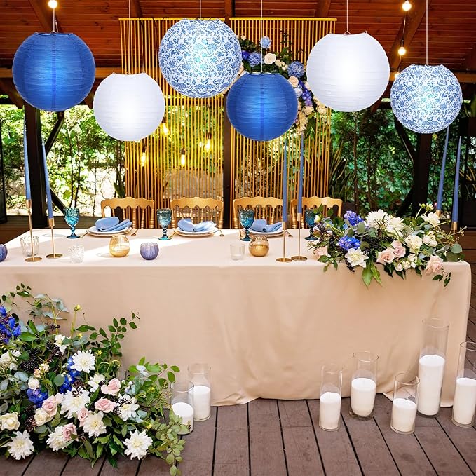 Riakrum 18 Pcs Chinoiserie Paper Lantern Set 10" 8" Blue and White Porcelain Print Round Lantern Chinese Japanese Hanging Decoration for Ceiling Wedding Birthday Party Home Decor