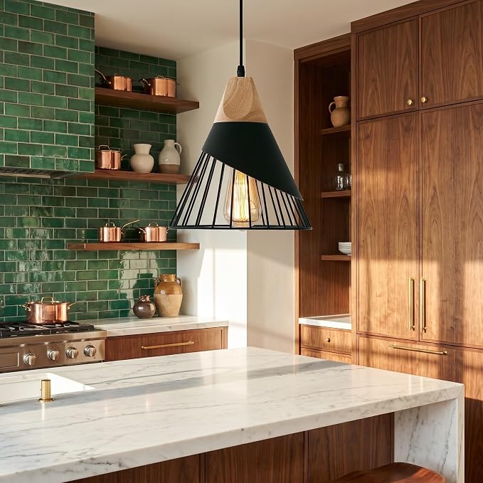 Pendant Light Black,Pendant Lights Kitchen Island,Wood Pendant Light,Adjustable Height Hanging Light Fixture for Kitchen Island Dining Room Bar Bedroom Hallway