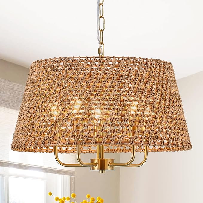 5-Lights Hand-Woven Rattan Chandelier Vintage Farmhouse Boho Bamboo Chandeliers Light Fixture Retro Drum Wicker Rattan Gold Chandelier for Dining Room, Kitchen, Living Room
