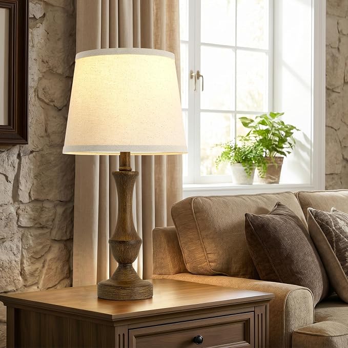 Luvkczc Table Lamp Set of 2, 19" Traditional Resin Bedside Lamps Nightstand Lamp for Living Room & Bedroom,Vintage Nightstand Lamps with Linen Shades, Wood Grain