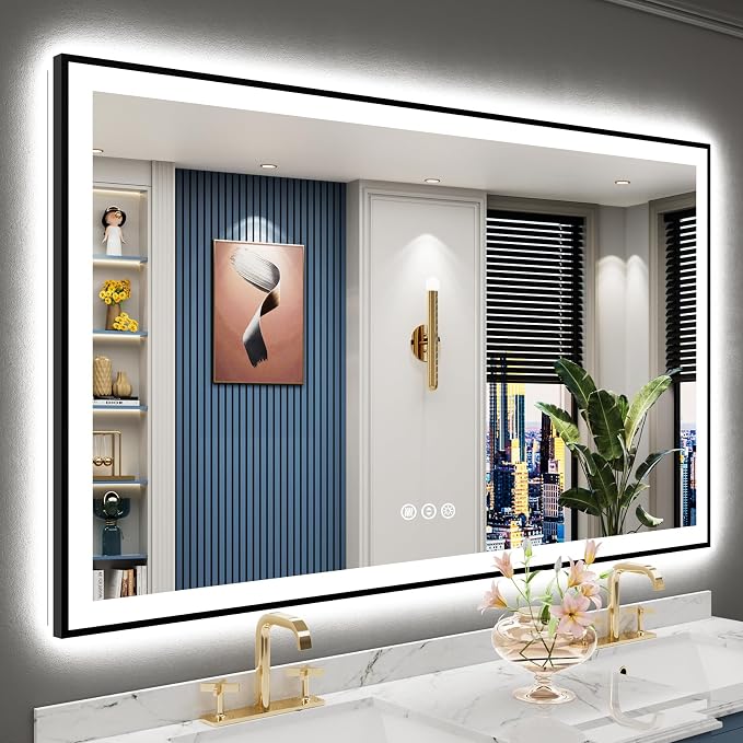 60x36 Black LED Bathroom Mirror, Backlit & Front Lit Lighted Mirror | Metal Framed Anti-Fog Vanity Mirror with Lights, 3 Color Dimmable, Memory, HD Tempered Glass, CRI95, UL Listed, Wall Mounted