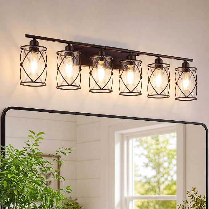 6-Light Oil Rubbed Bronze Bathroom Light Fixtures Over Mirror, 42" UL-Listed Modern Farmhouse Wall Sconce Lights with Clear Glass and Metal Cage for Bath, Hardwire E26, CH9176ORB-6W