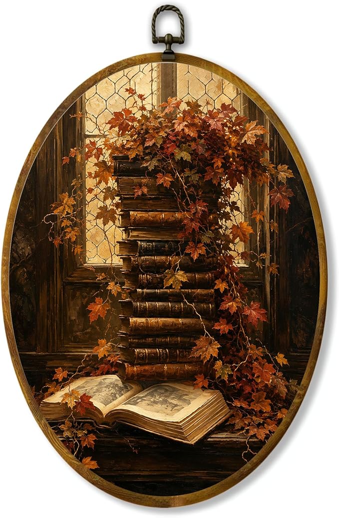 Fall Books Oval Wall Art, Framed Canvas Decor, 8.5x11.5 Inch | Stacked vintage books, maple leaves, open book and cozy cottagecore decor