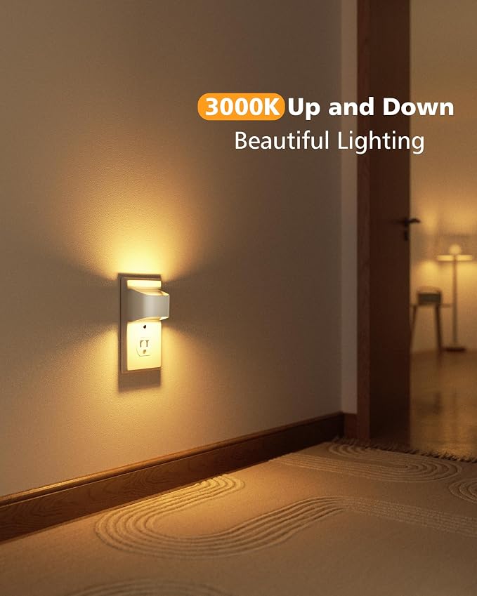 VOLISUN Night Lights Plug into Wall, 4 Pack Up and Down LED Night Light with Dusk to Dawn Light Sensor, 3000K Warm White Nightlight for Hallway, Bedroom, Bathroom, Kitchen White