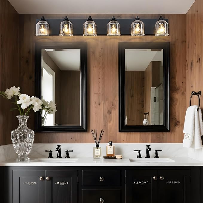 Vanity Lights for Bathroom Large 48 inch, Farmhouse Rustic Vanity Light with Bubble Glass Shades, Black 6 Light Bathroom Lighting Fixtures Over Mirror, Bath Wall Sconce Home Decor