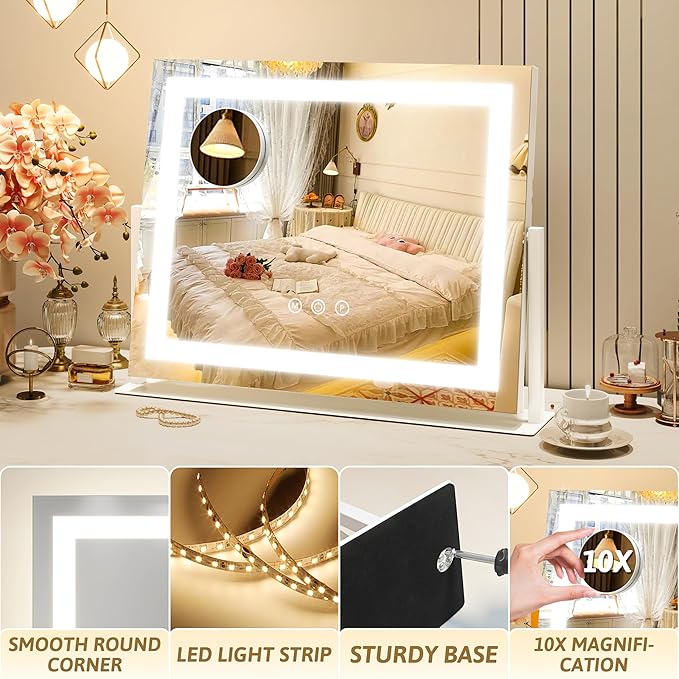 ROLOVE Vanity Mirror with Lights 22"x18", Lighted Makeup Mirror with 10X Magnification, Smart Touch 3 Colors Dimmable, 360° Rotation, Women Gift, Dresser Mount, Bathroom (White)